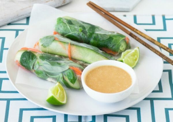 Fresh rice paper rolls with satay dipping sauceFresh rice paper rolls with satay dipping sauce Fresh rice paper rolls with satay dipping sauce