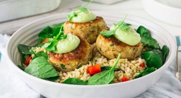 Crab cakes with wasabi mayo Crab Cakes with Wasabi Mayo & Rice Salad