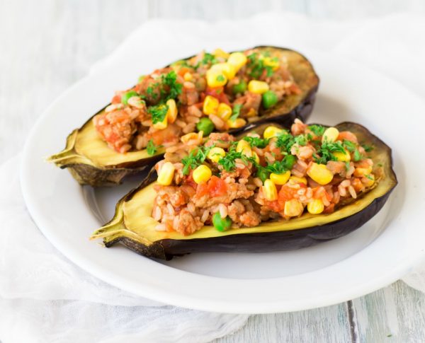 Eggplant boats stuffed with veggies and savoury mince Eggplant boats stuffed with veggies and savoury mince