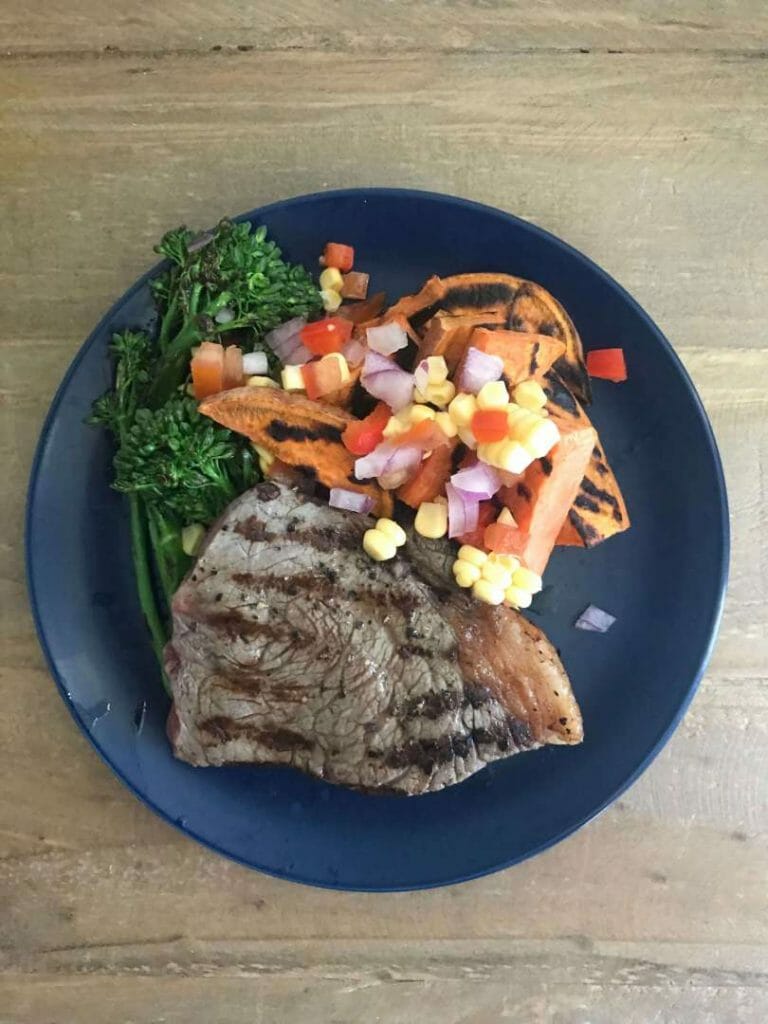 This mum spends $75 and only grocery shops once every 2 months! Grilled steak with sweet potato wedges and salsa